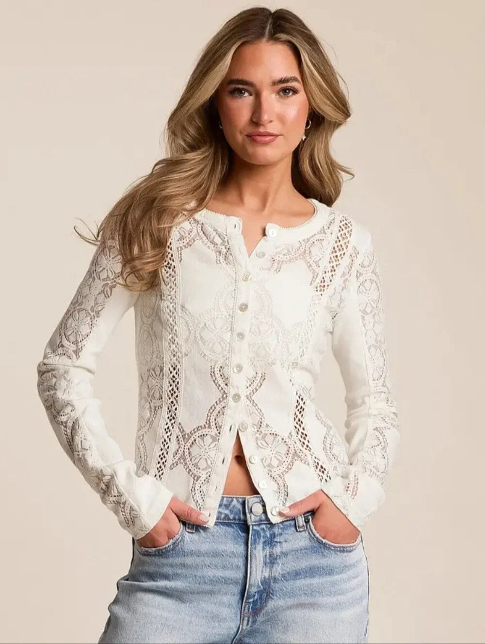 Free People Jae Top S Lace Mesh Button Front Romantic Boho Feminine Balletcore